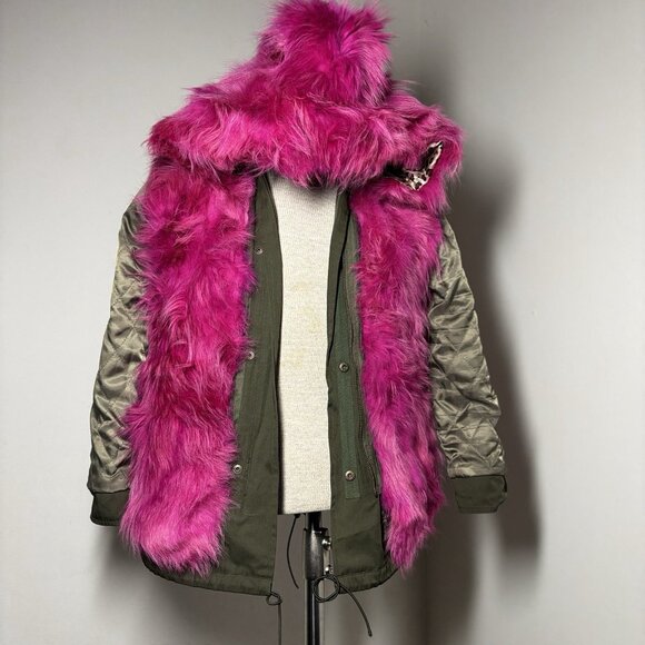 NWOT $600 PARKA PATCHED‎ HOODED Real Fur Removable Lining KHAKI COAT Sz Kid 12 - Picture 7 of 16